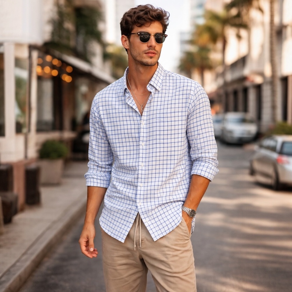 Peter Millar Linen Blend Blue Plaid Button Down Shirt XXL Coastal Preppy MN1‎
